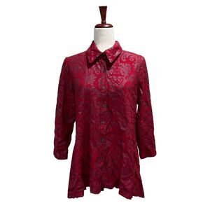 Boho Chic XL Extra Large Women's Asymmetric Red Button Down Shirt‎ Floral Hippie
